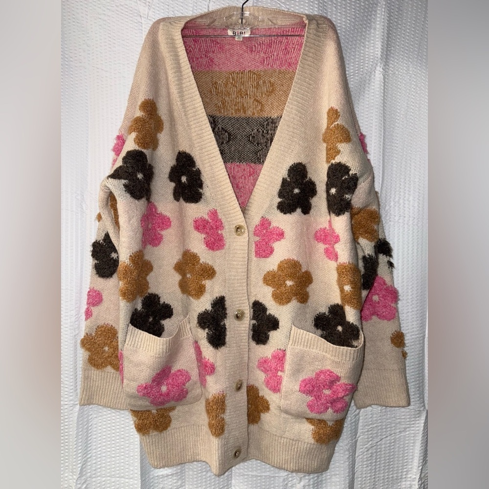 Oversized BiBi Cream Floral Embroidered V Neck Cardigan Sweater Size XL